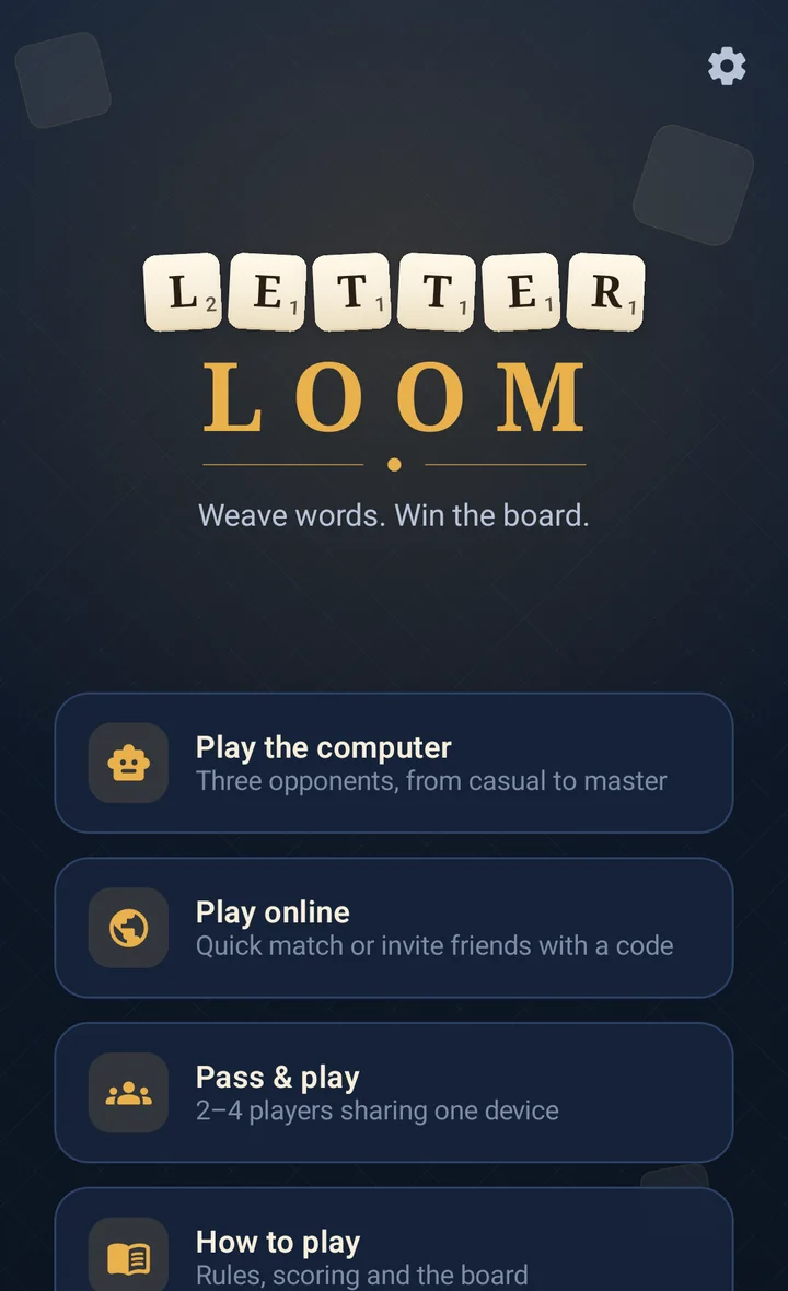 Letterloom home screen with Play the computer, Play online, Pass and play and How to play